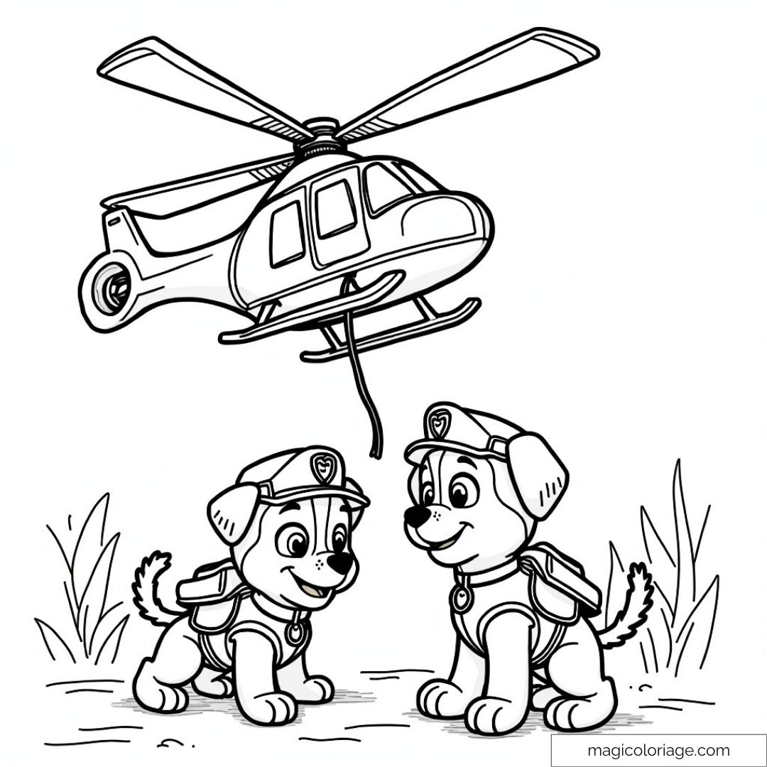 Coloriage de la Pat' Patrouille avec Chase et Zuma sous un hélicoptère de sauvetage.