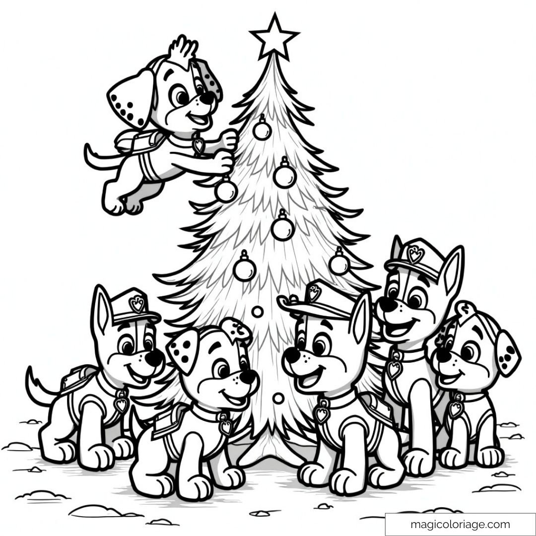 Coloriage de la Pat' Patrouille autour d'un sapin de Noël, décorant l'arbre avec des boules et une étoile brillante au sommet.