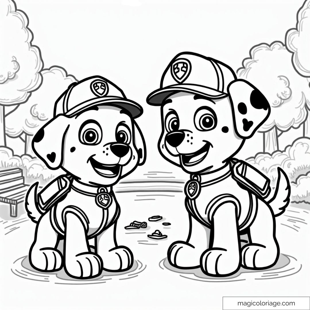 Coloriage de deux dalmatiens de la Pat' Patrouille dans un parc, souriants et prêts pour l'action.
