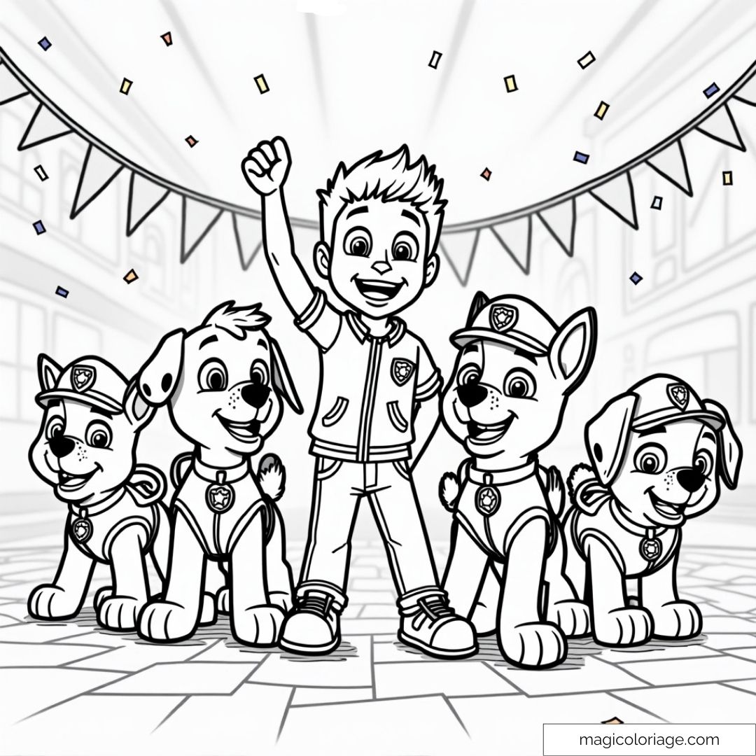 Coloriage de Ryder et les chiots de la Pat' Patrouille célébrant ensemble avec des guirlandes et des confettis en arrière-plan.