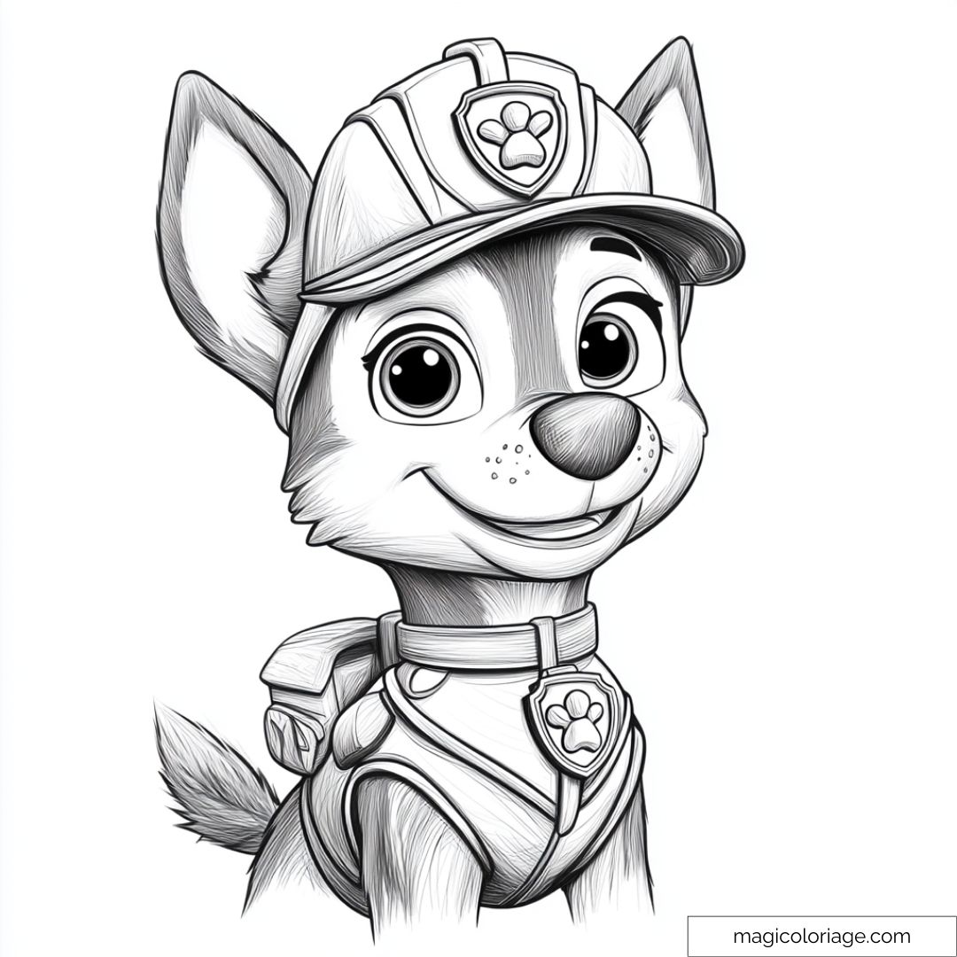 Dessin à colorier de Tracker, le chiot explorateur de la Pat' Patrouille, souriant en uniforme et prêt pour une aventure.