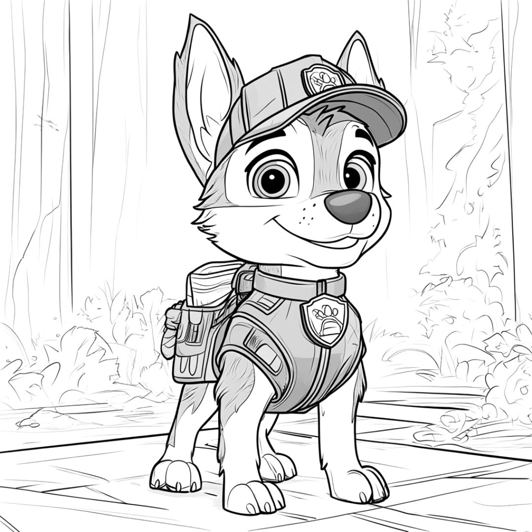 Dessin à colorier de Rocky, le chiot bricoleur de la Pat' Patrouille, portant son uniforme vert lors d'une mission de recyclage en pleine nature.