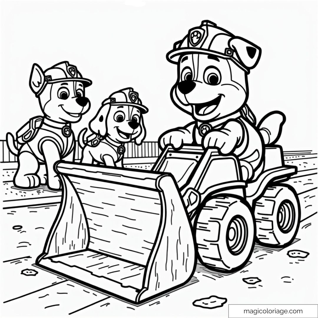 Coloriage de Rubble de la Pat' Patrouille avec Chase et Skye sur un chantier de construction.