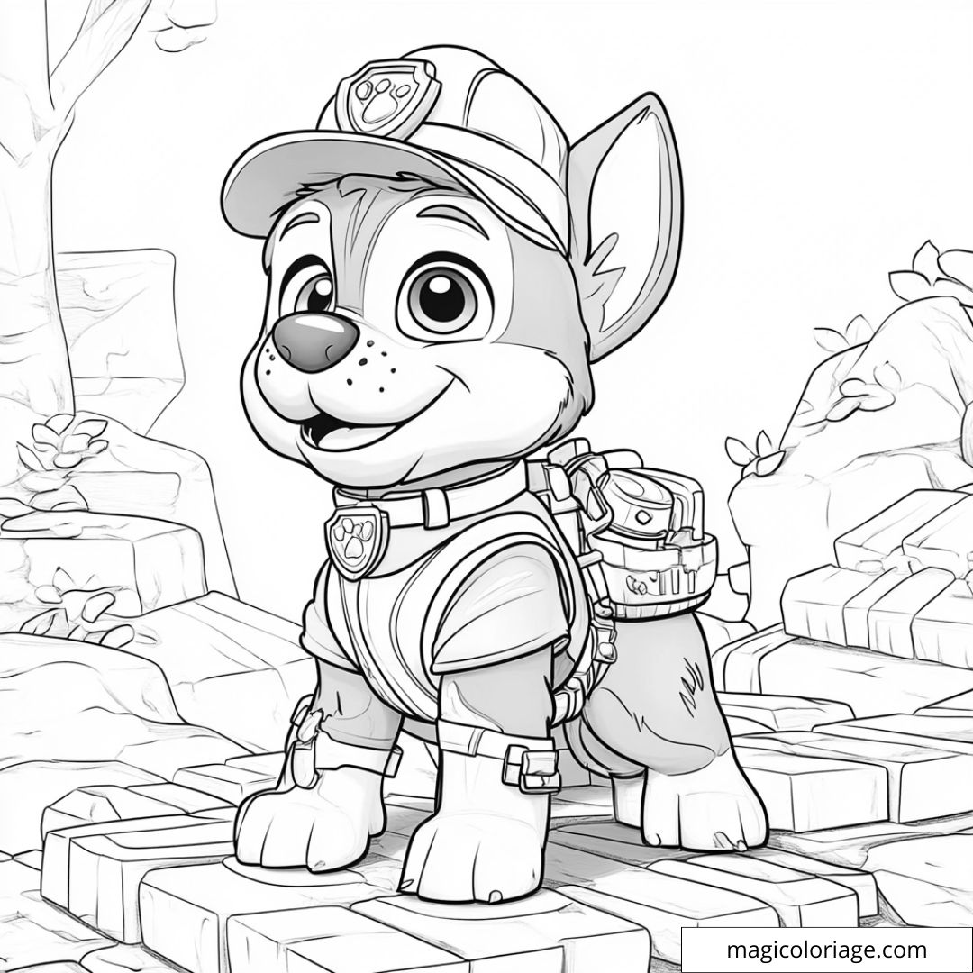 Dessin à colorier de Ruben, le chiot bulldozer de la Pat' Patrouille, en uniforme jaune, sur un chantier de construction.