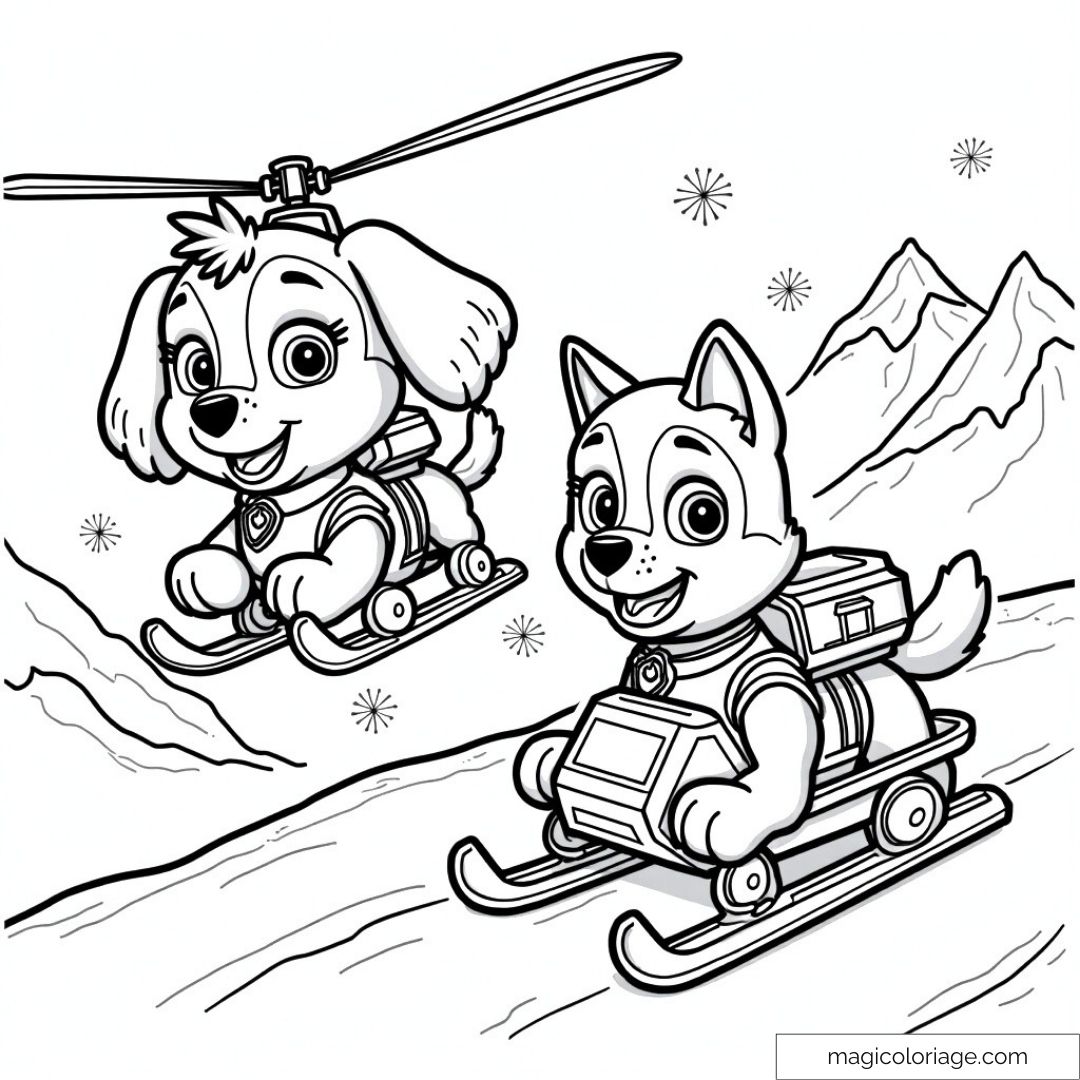 Coloriage de Skye et Everest de la Pat' Patrouille sur les montagnes enneigées. Skye vole avec son hélicoptère tandis qu'Everest descend une pente sur son traîneau.