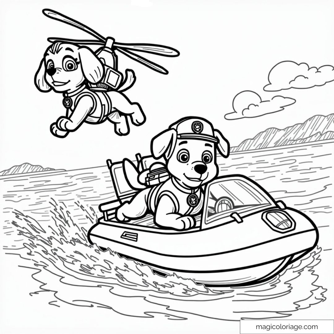 Coloriage de Skye de la Pat' Patrouille volant avec son hélicoptère et Zuma dans son aéroglisseur sur l'eau.