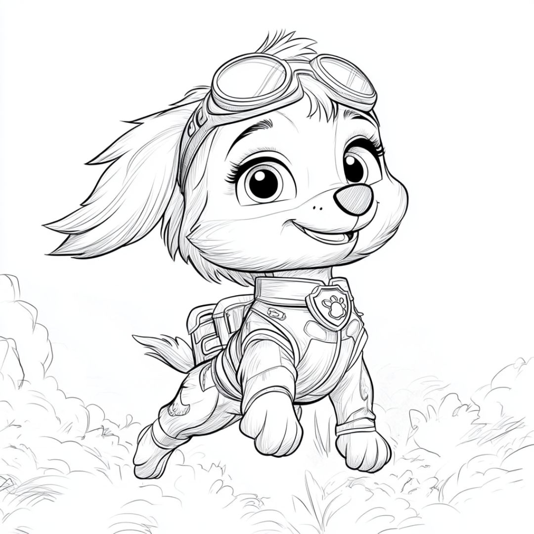 Dessin à colorier de Skye, le chiot pilote de la Pat' Patrouille, volant à travers les airs, prête pour une nouvelle aventure.