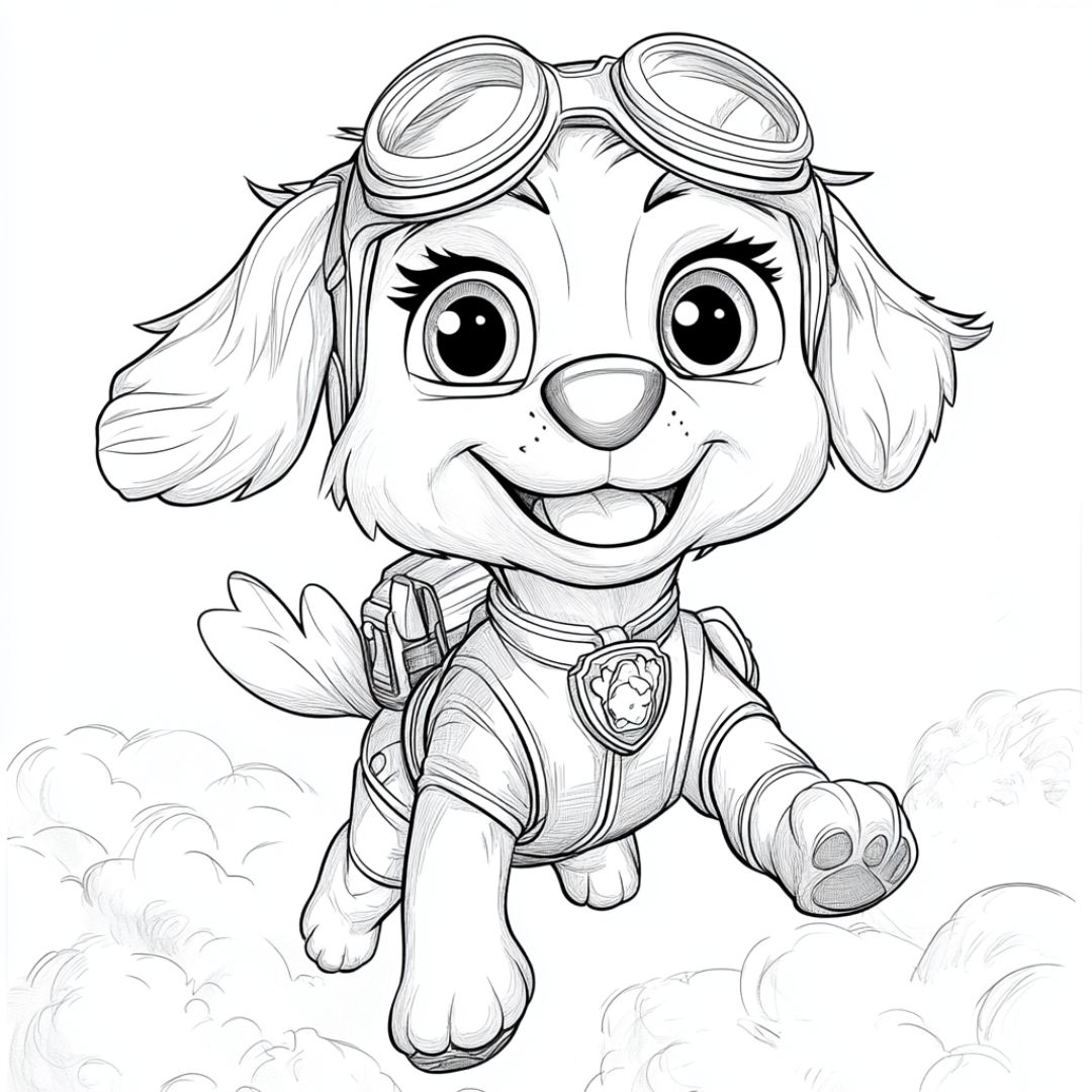 Dessin à colorier de Skye, le chiot pilote de la Pat' Patrouille, volant joyeusement dans les nuages avec ses lunettes d’aviation.