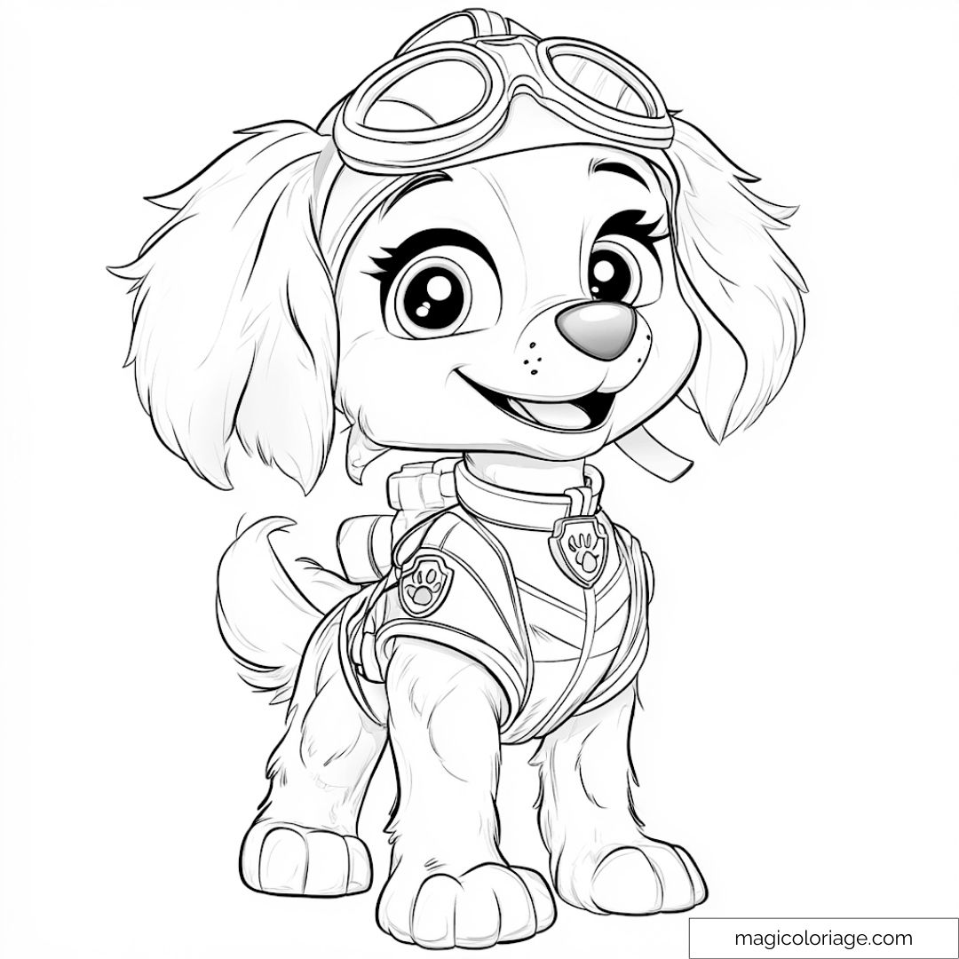 Dessin à colorier de Stella, le chiot pilote de la Pat' Patrouille, portant ses lunettes d'aviation et souriante, prête pour une nouvelle aventure aérienne.