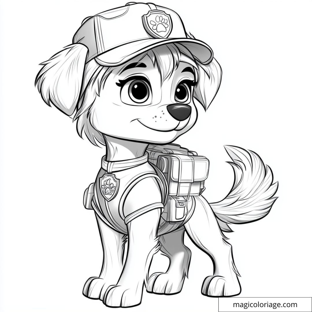 Dessin à colorier de Stella, le chiot pilote de la Pat' Patrouille, en uniforme avec son sac à dos et sa casquette, prête pour une mission aérienne.