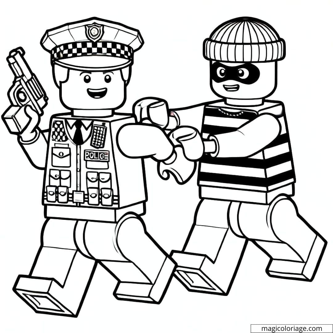 Dessin à colorier d'un policier Lego attrapant un voleur, coloriage à imprimer pour enfants