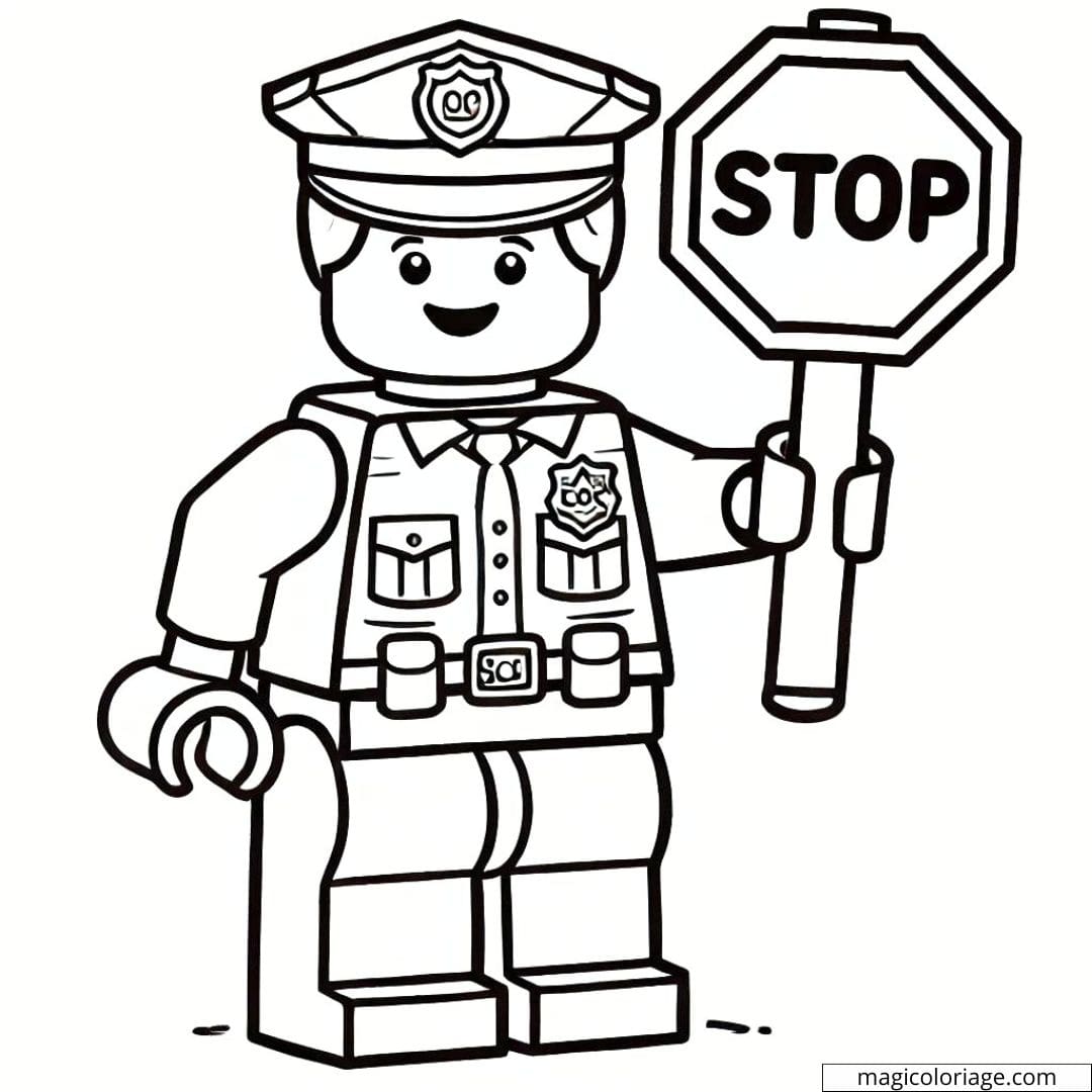Coloriage d'un policier Lego avec un panneau stop à imprimer, dessin à colorier pour enfants