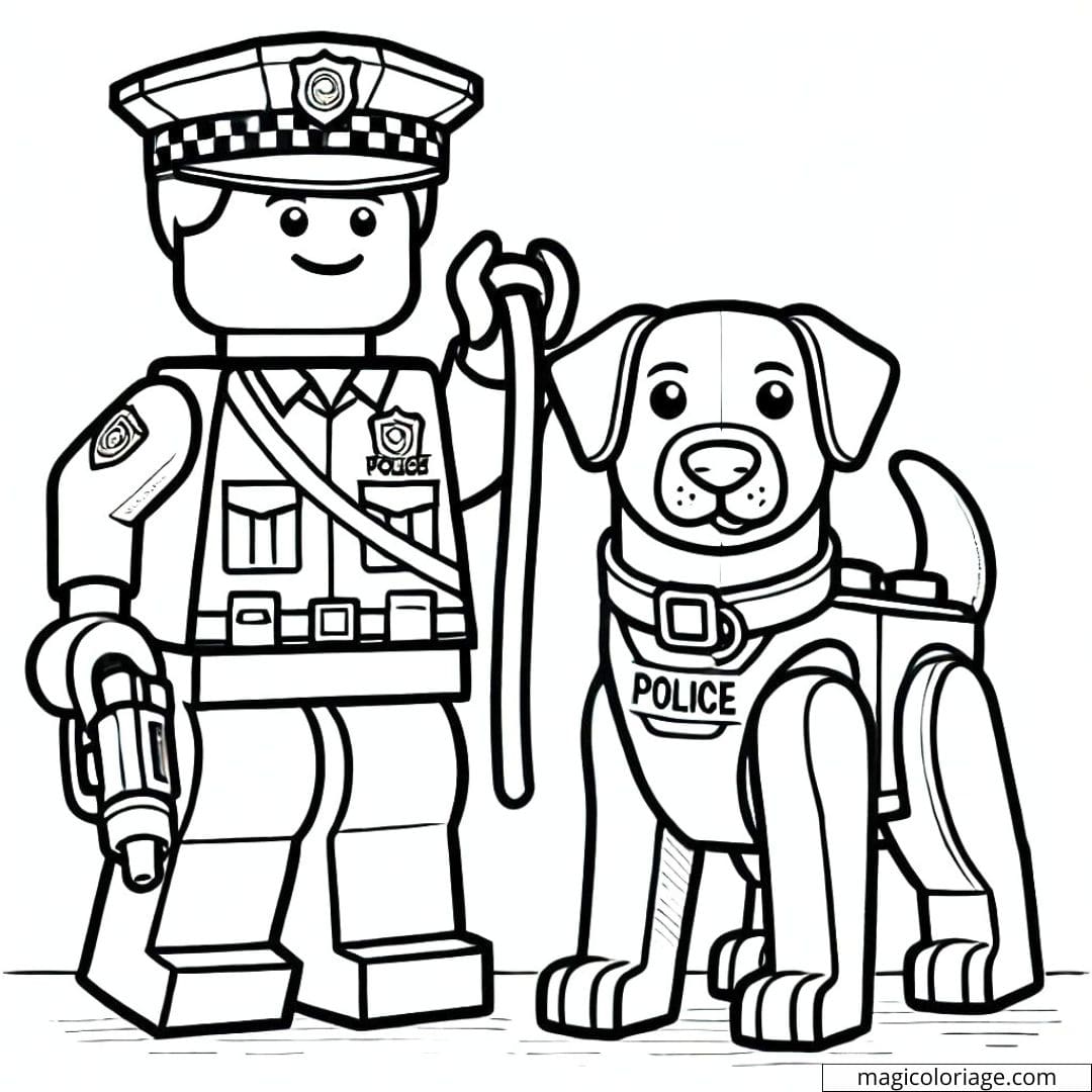 Coloriage d'un policier Lego avec un chien policier, dessin à colorier pour enfants