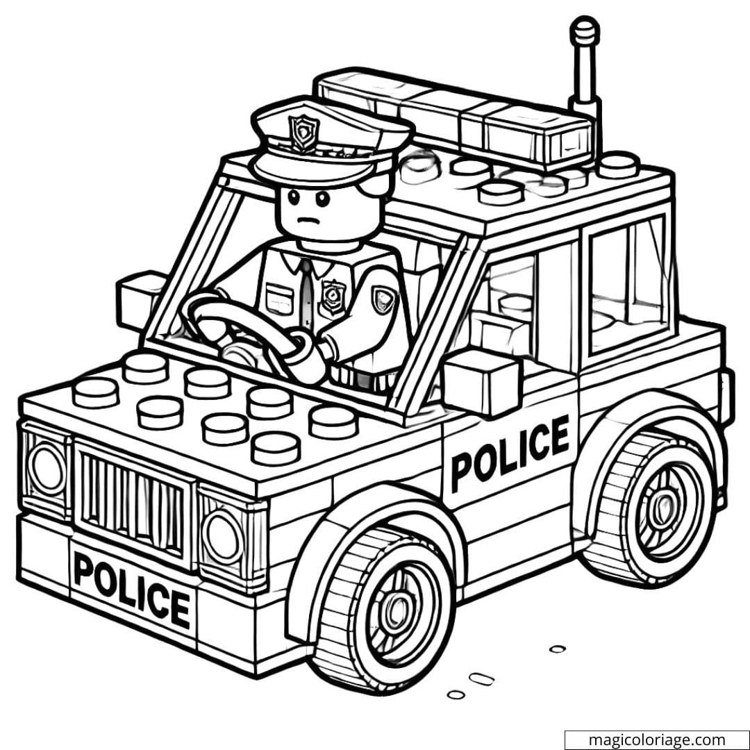 Coloriage d'un policier Lego dans une voiture de police, dessin à colorier pour enfants