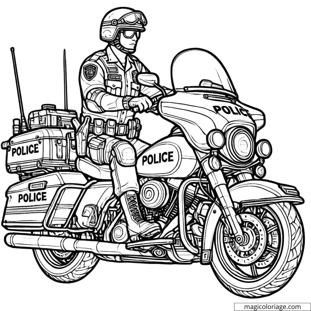 Coloriage de policier à moto en patrouille, dessin à colorier à imprimer