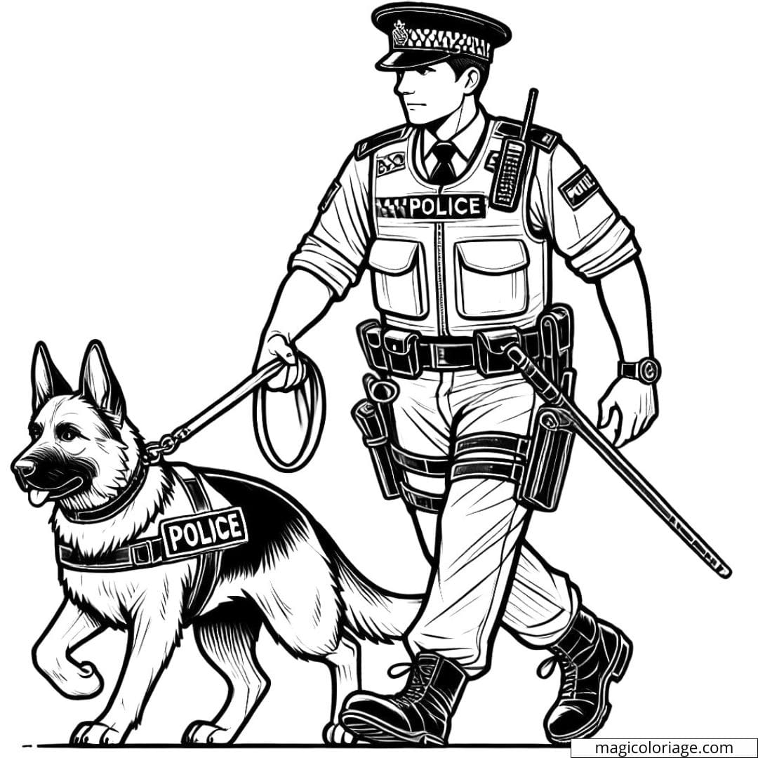 Dessin à colorier de policier avec chien de police en patrouille, coloriage à imprimer pour enfants