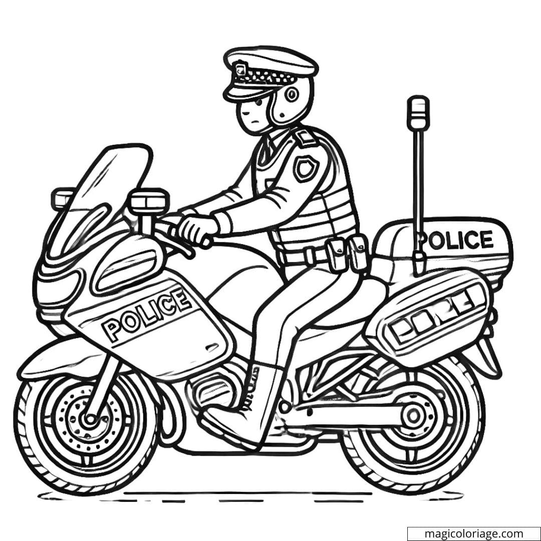 Coloriage d'un policier en moto arrêtant un véhicule, dessin à colorier pour enfants