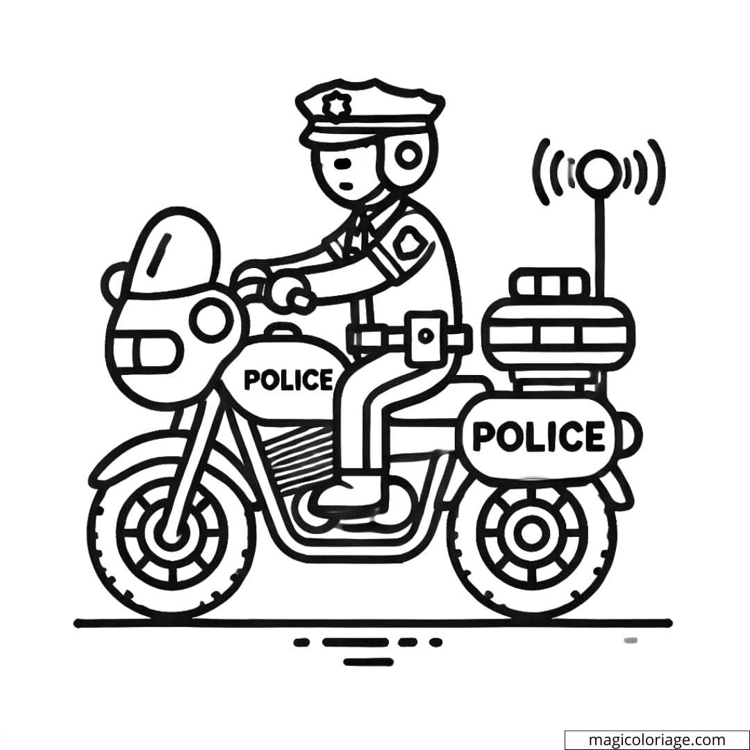 Coloriage d'un policier en moto avec sirènes allumées à imprimer, dessin à colorier pour enfants