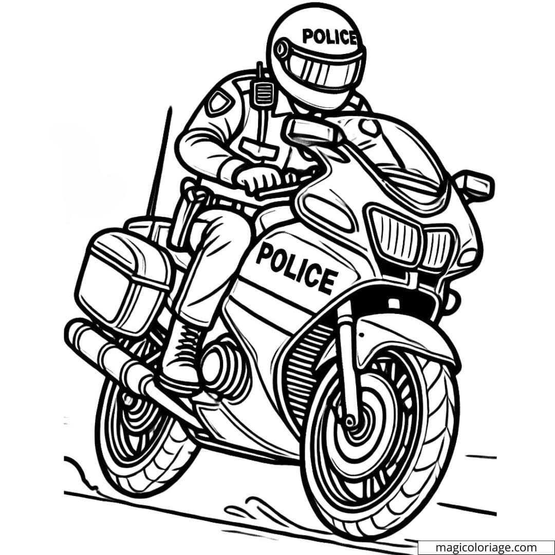 Dessin à colorier d'un policier en moto poursuivant un suspect, coloriage à imprimer pour enfants