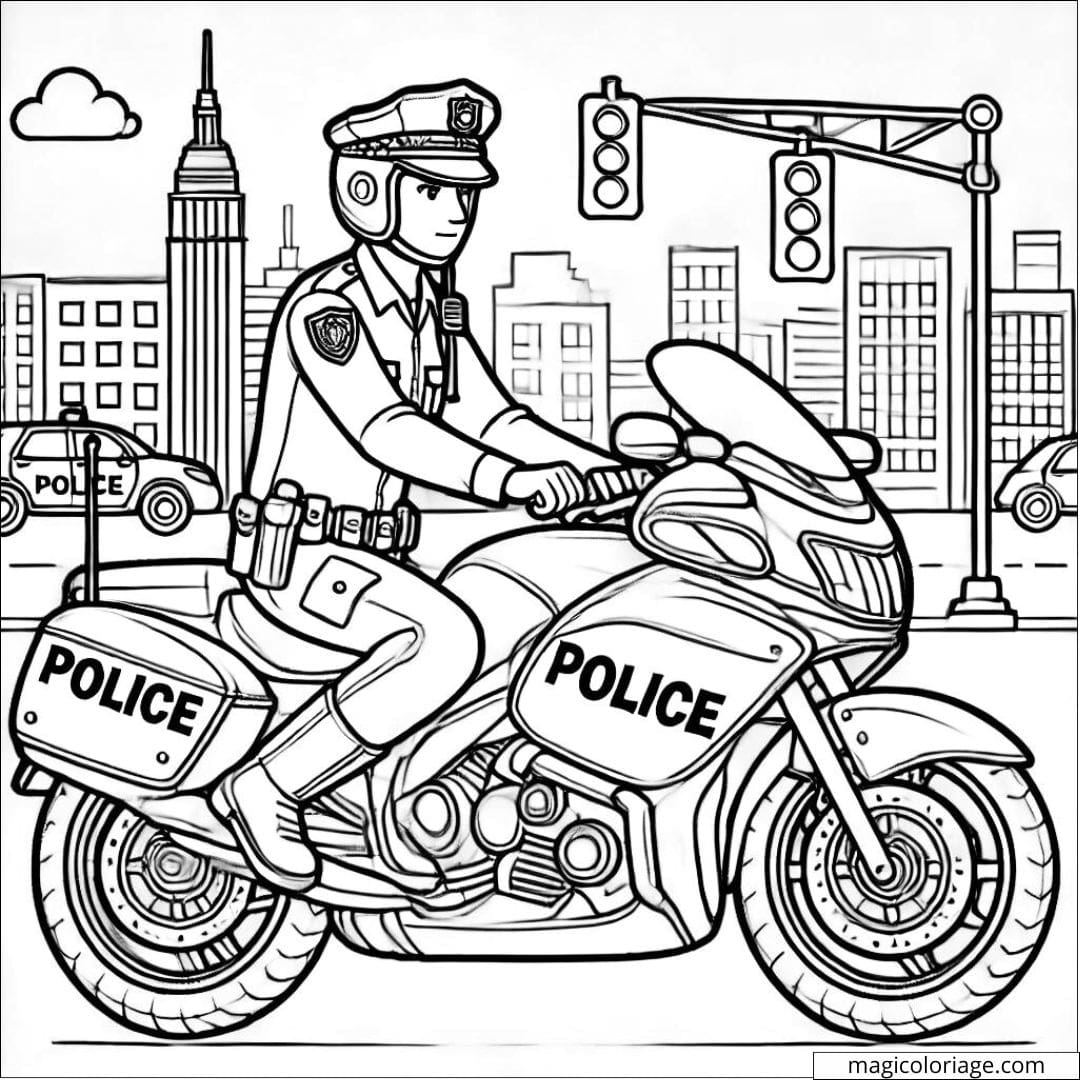Coloriage d'un policier en moto traversant la ville, dessin à colorier pour enfants