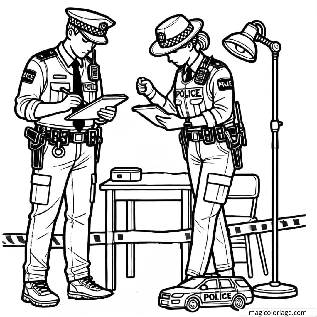 Coloriage de policier et policière faisant une enquête à imprimer, dessin à colorier pour enfants