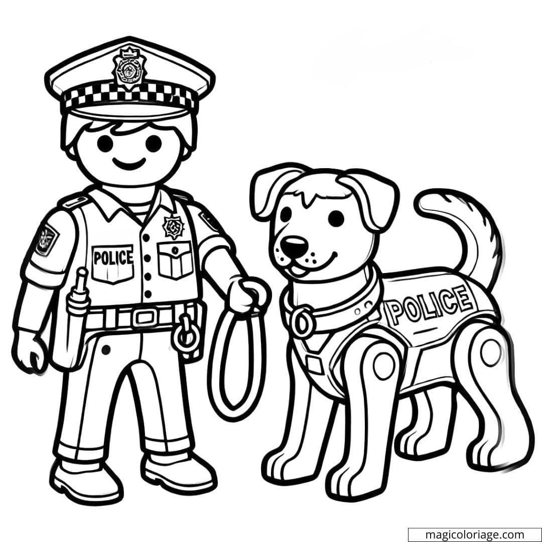 Coloriage d'un policier Playmobil avec un chien, dessin à colorier pour enfants
