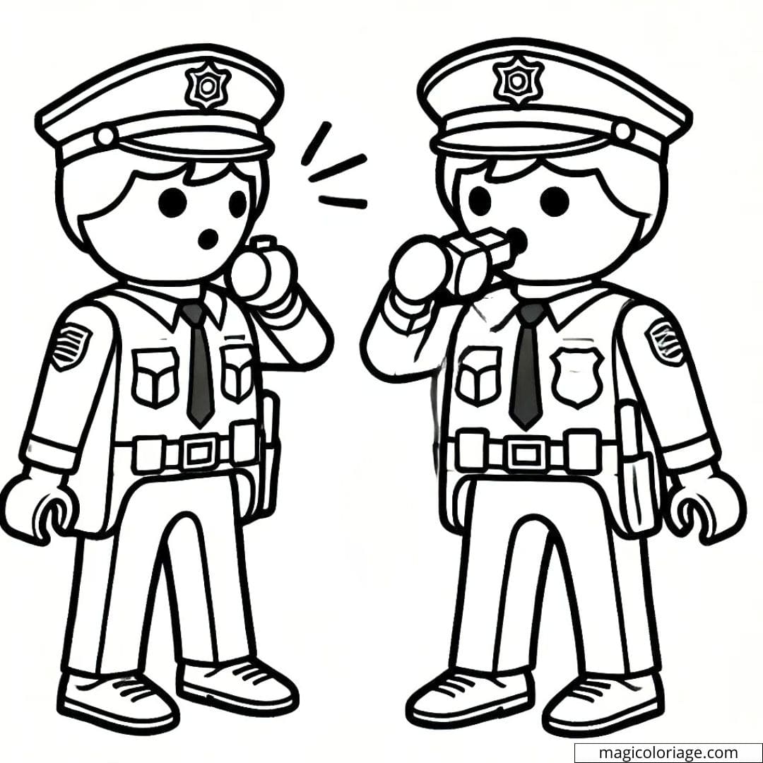 Coloriage d'un policier Playmobil avec un sifflet à imprimer, dessin à colorier pour enfants