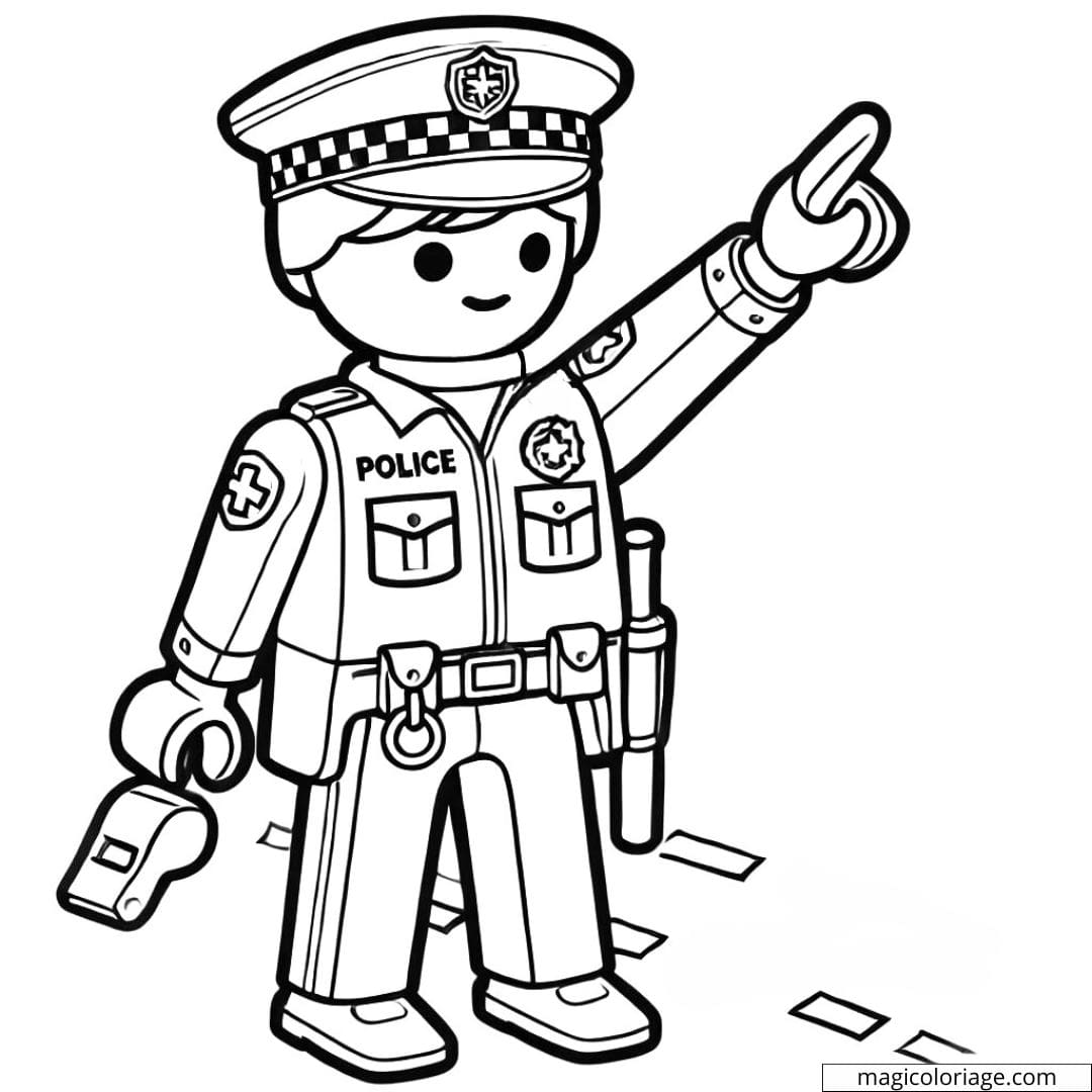 Coloriage d'un policier Playmobil dirigeant la circulation, dessin à colorier pour enfants