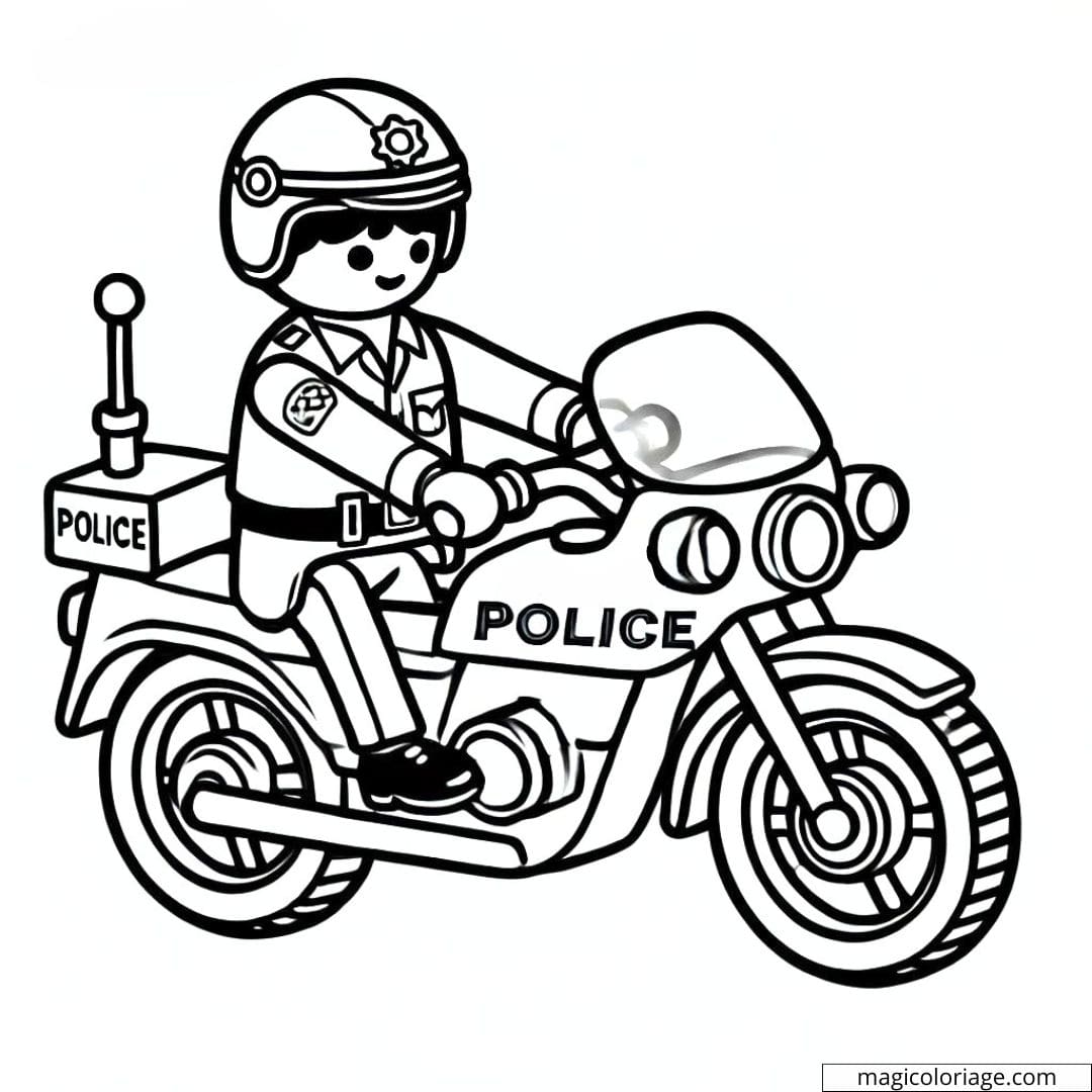 Dessin à colorier d'un policier Playmobil en moto, coloriage à imprimer pour enfants