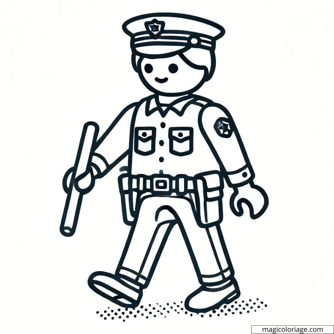 Coloriage d'un policier Playmobil en patrouille, dessin à colorier pour enfants
