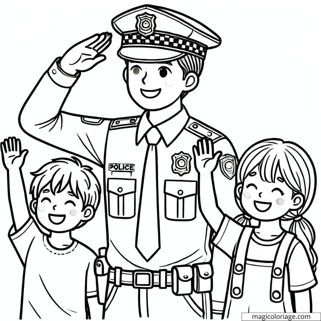 Coloriage de policier souriant saluant les enfants à imprimer, dessin à colorier pour enfants