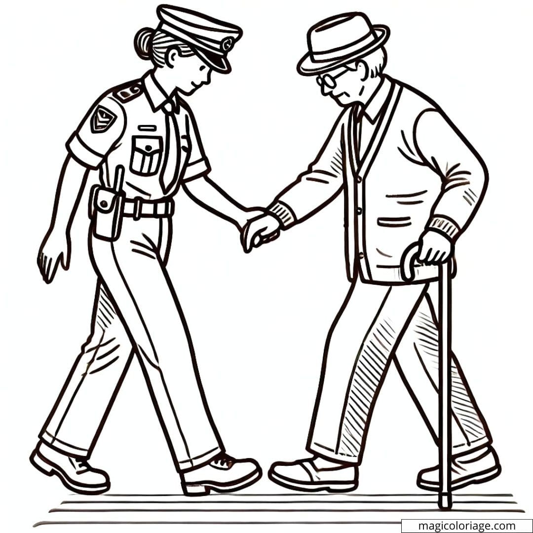 Dessin à colorier de policière aidant une personne âgée à traverser la rue, coloriage à imprimer pour enfants