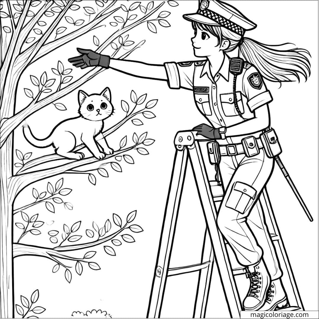 Dessin à colorier de policière secourant un chaton dans un arbre, coloriage à imprimer pour enfants