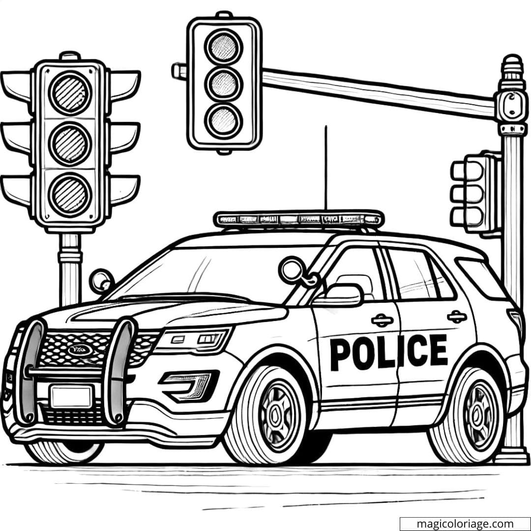 Coloriage d'une voiture de police arrêtée à un feu rouge, dessin à colorier pour enfants