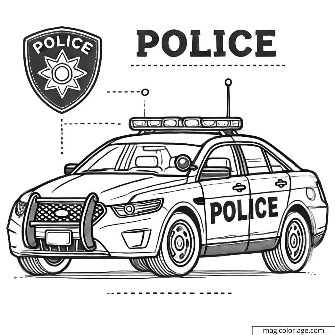 Coloriage d'une voiture de police avec un policier à l'intérieur, dessin à colorier pour enfants