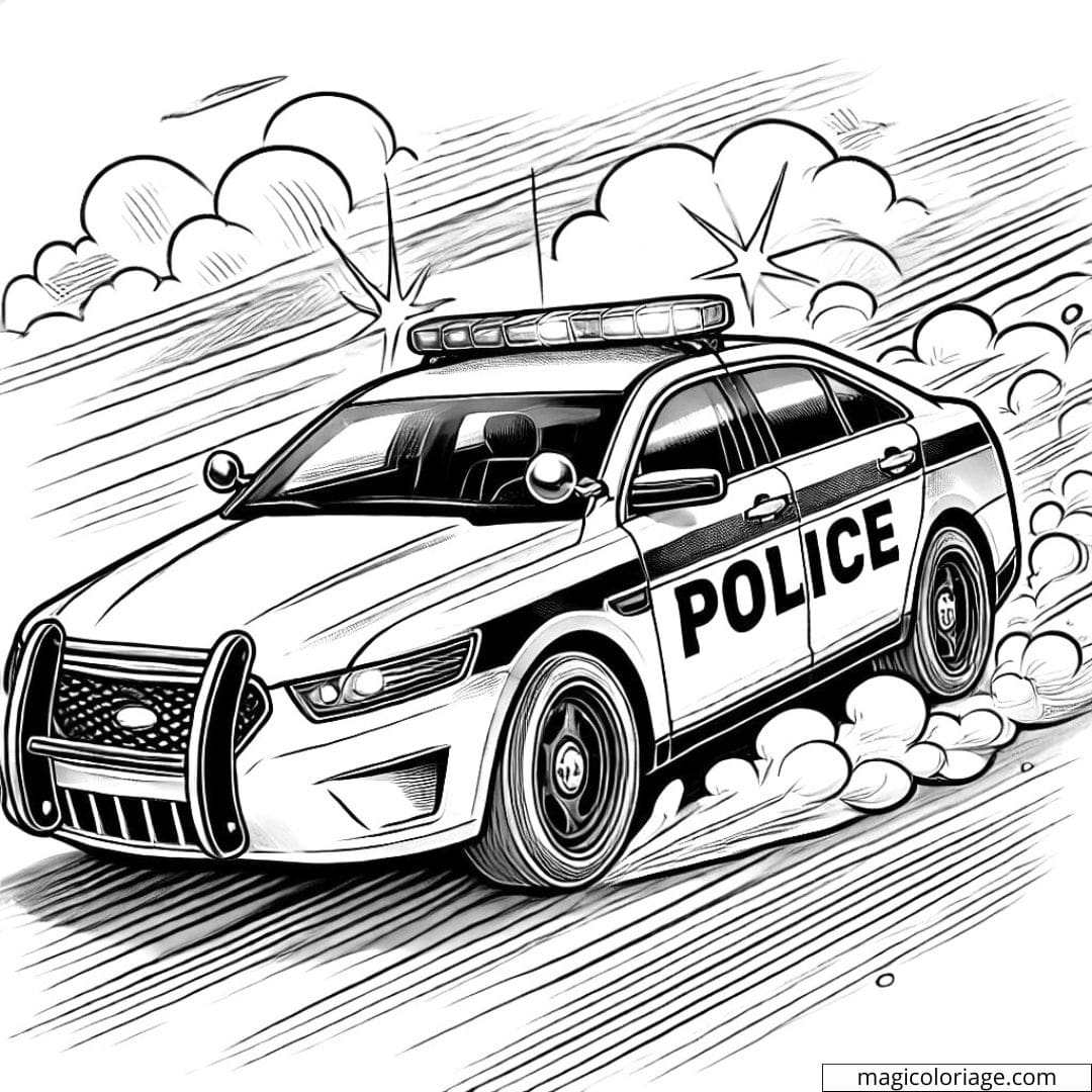 Coloriage de voiture de police en pleine course-poursuite avec sirènes allumées, parfait pour les enfants.