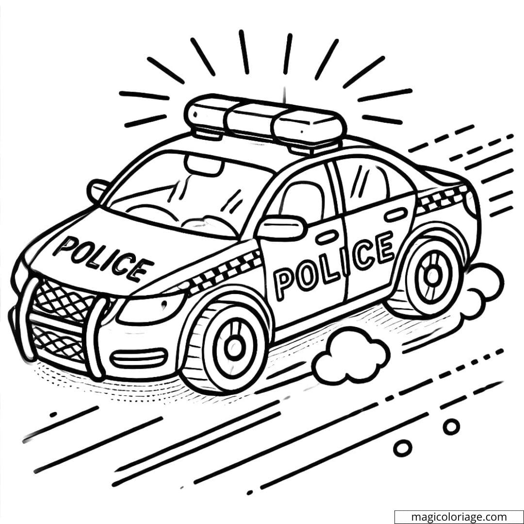 Coloriage d'une voiture de police poursuivant un suspect, dessin à colorier pour enfants