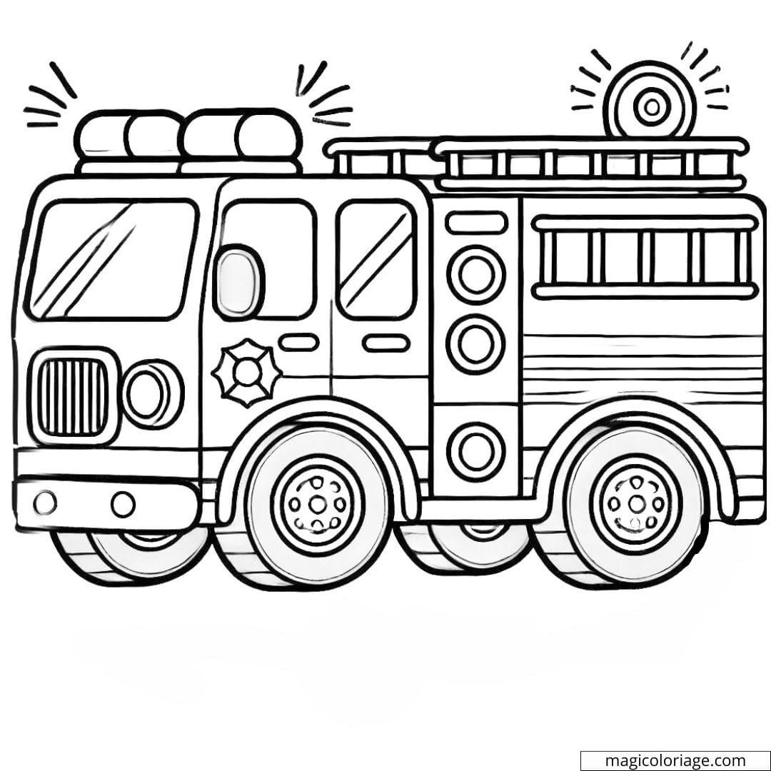Dessin à colorier simple d'un camion de pompier avec sirène allumée