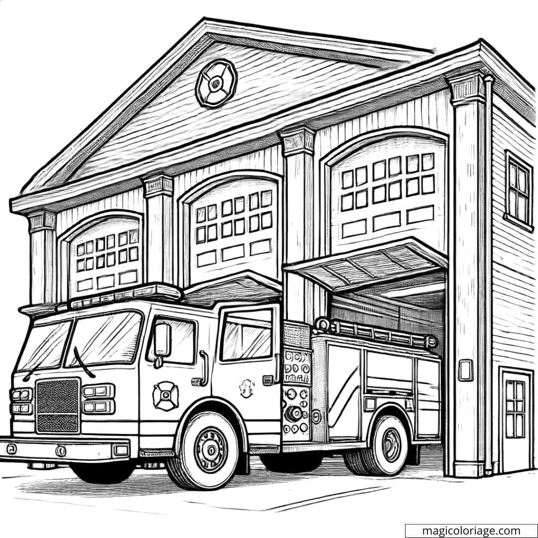 Dessin à colorier de caserne de pompiers avec porte ouverte