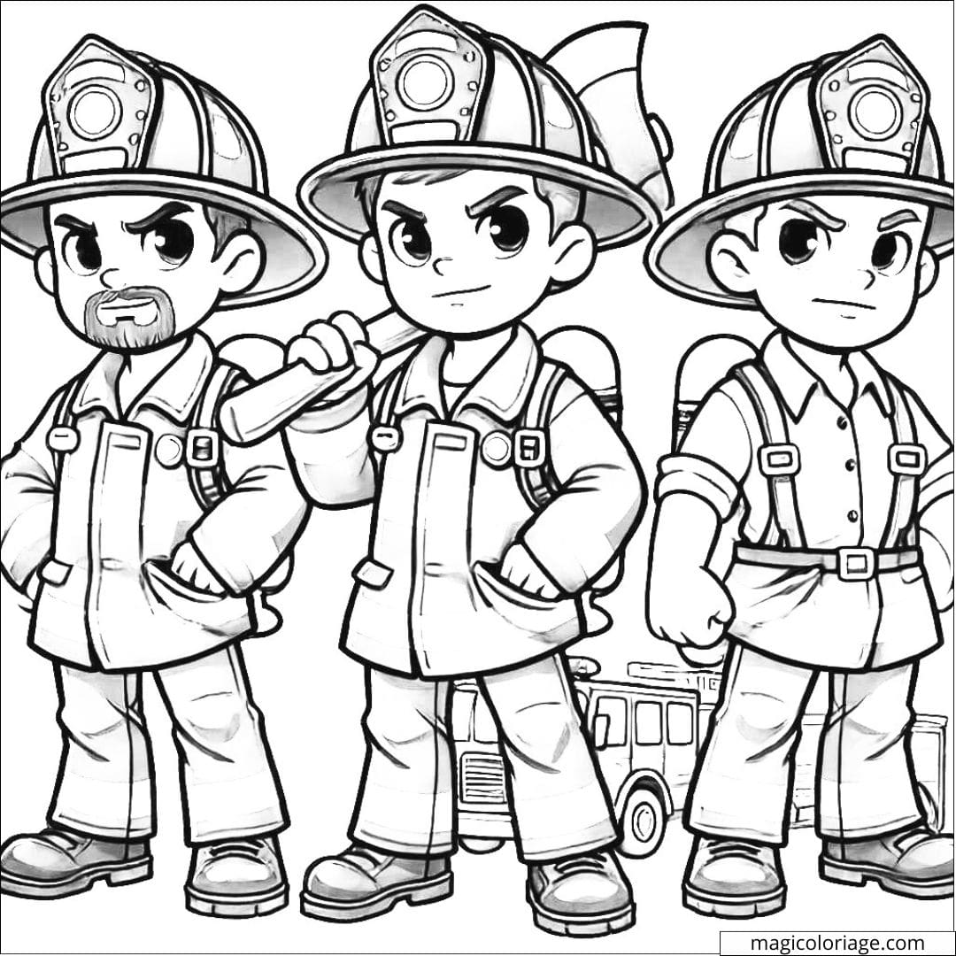 Coloriage facile de l'équipe de pompiers en mission avec des expressions déterminées.