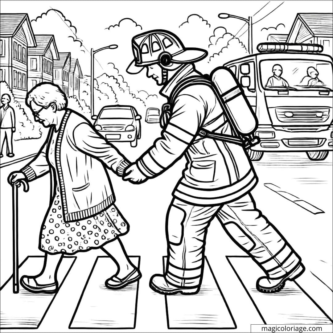 Coloriage pompier aidant une personne âgée, dessin à colorier de pompier, coloriage à imprimer