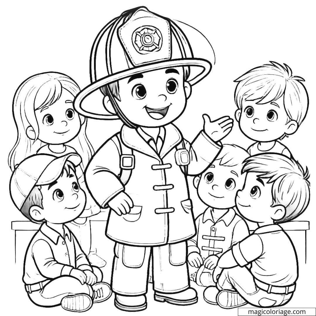 Coloriage pompier donne des conseils de sécurité à des enfants, facile à imprimer.