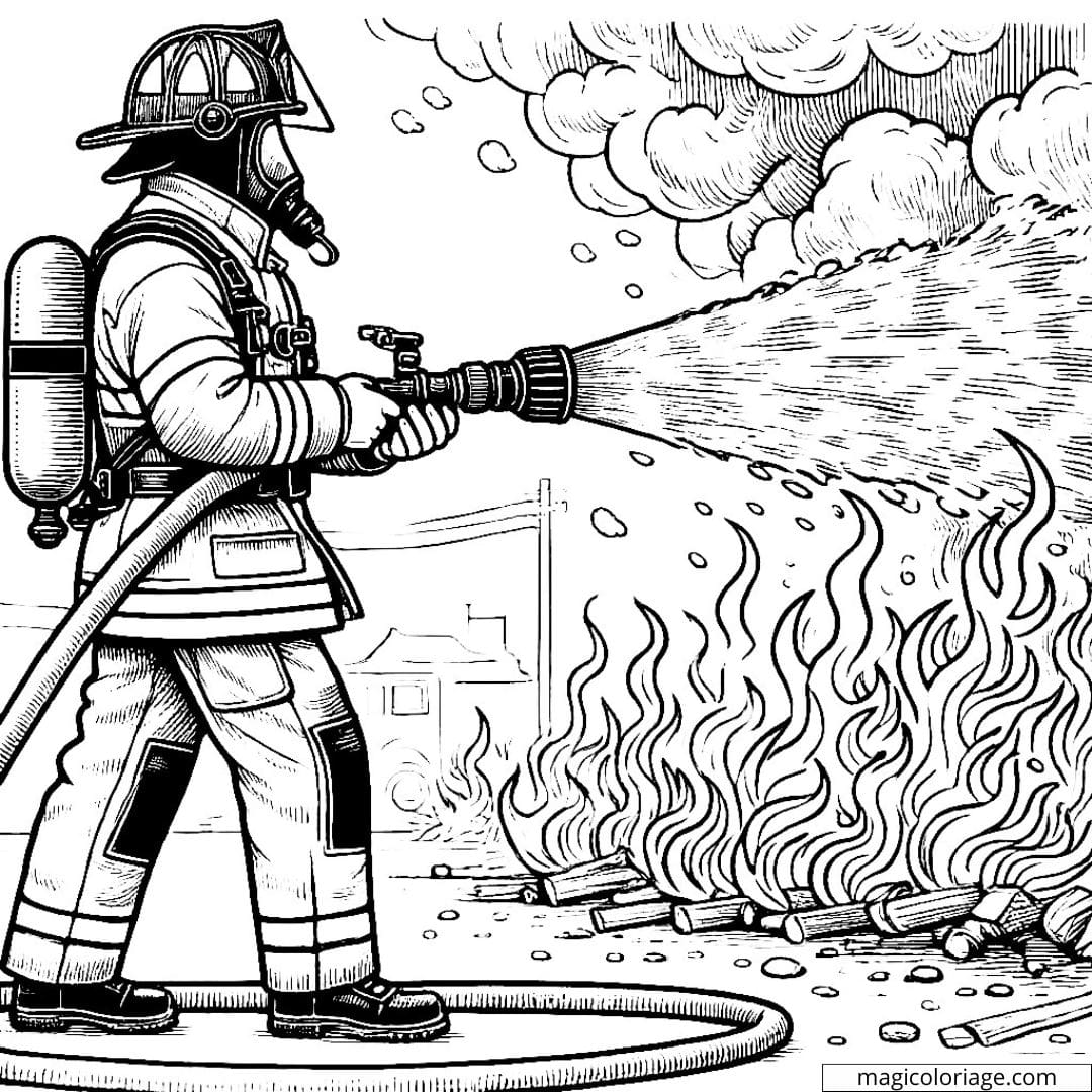 Coloriage pompier éteignant un feu, dessin à colorier de pompier, coloriage à imprimer