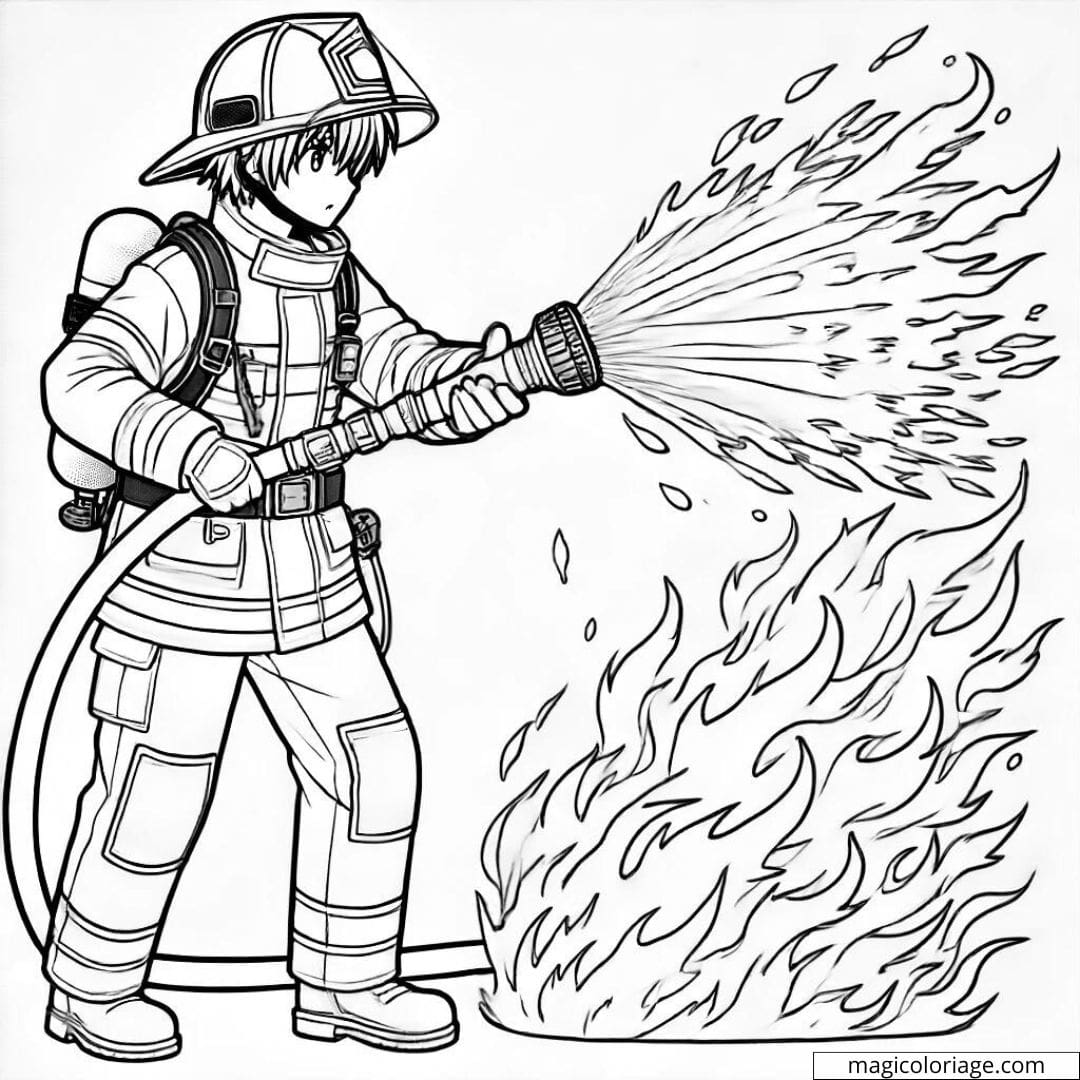 Dessin à colorier d'un pompier éteignant un feu