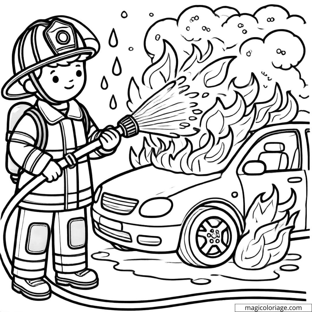 Dessin à colorier d'un pompier éteignant un feu de voiture