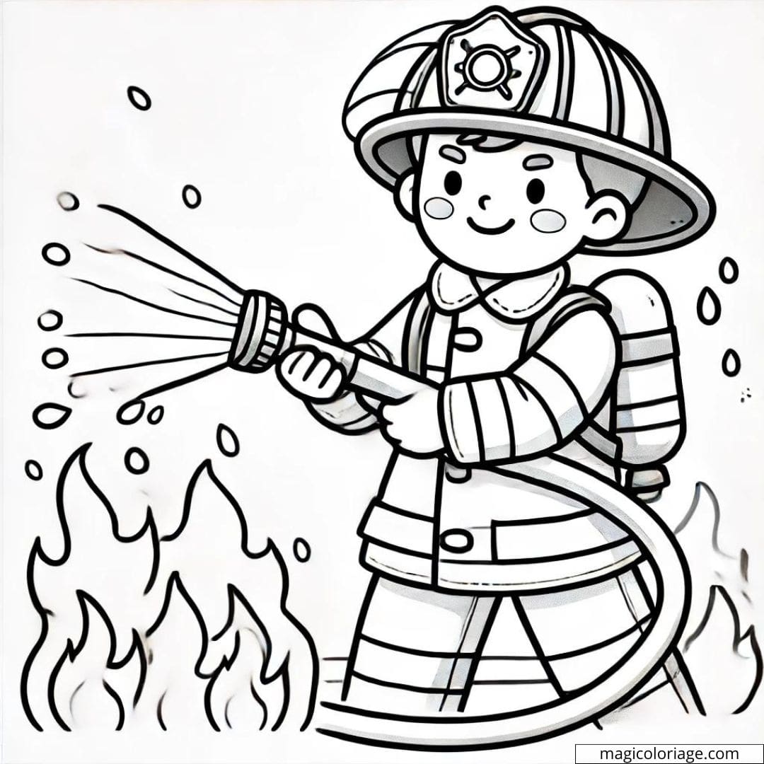 Dessin à colorier d'un pompier éteignant un feu