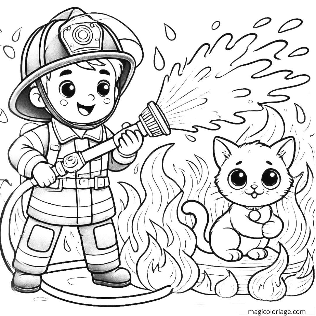 Coloriage pompier facile éteint le feu avec un tuyau d'incendie et un chaton effrayé.