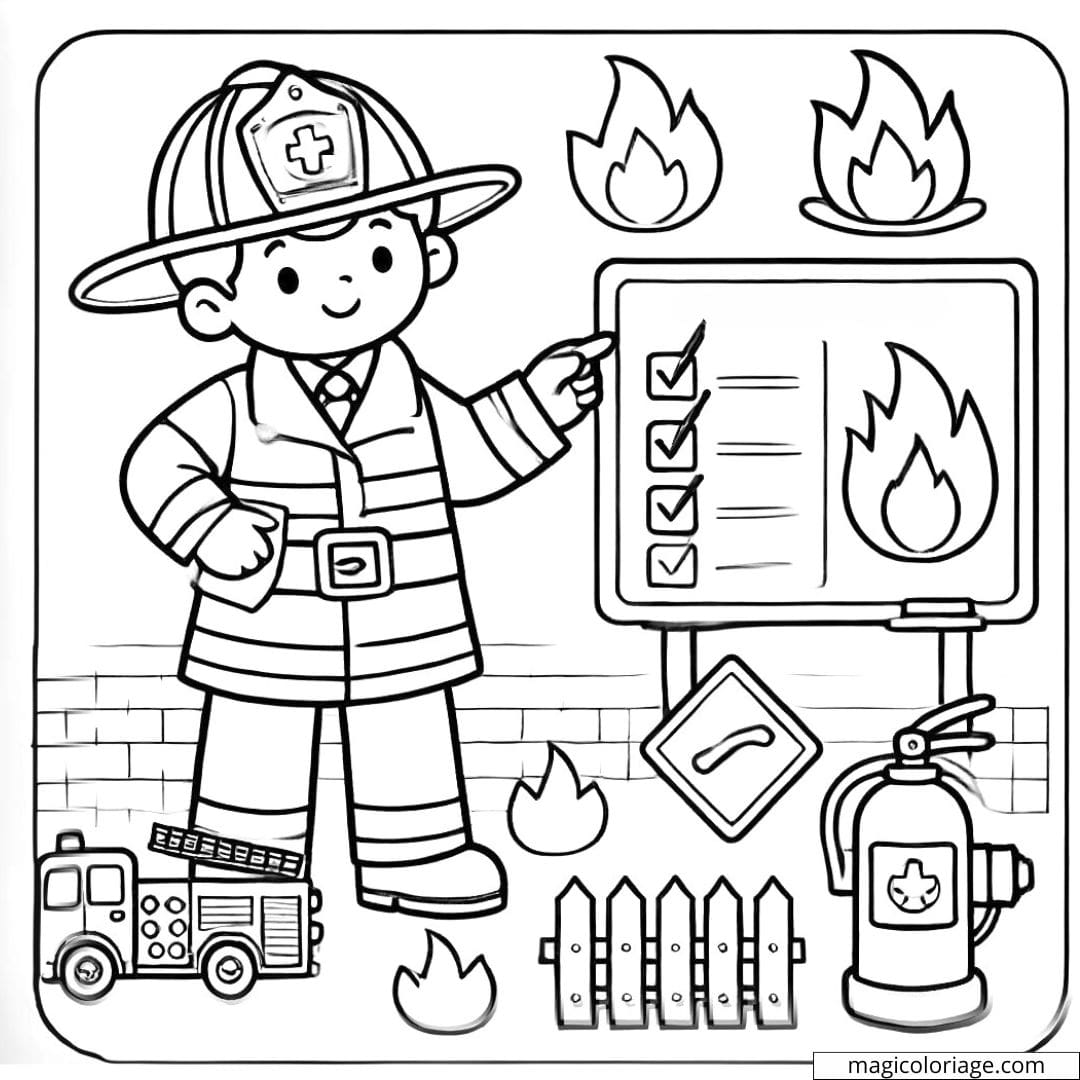 Dessin à colorier simple d'un pompier expliquant les consignes de sécurité