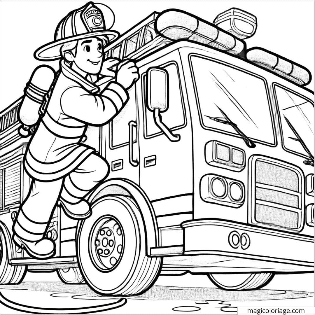 Dessin à colorier d'un pompier montant dans un camion de pompier