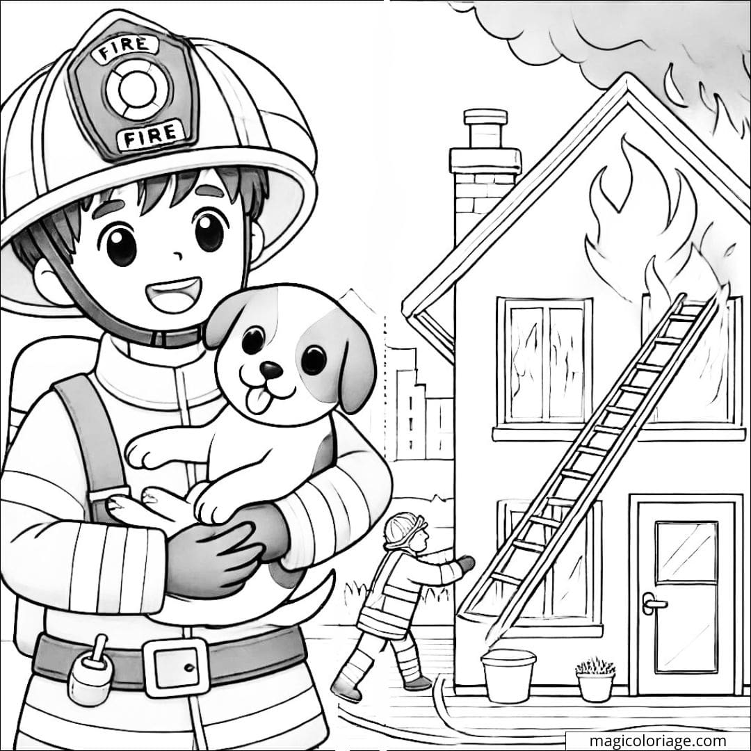 Dessin à colorier d'un pompier sauvant un chien d'un bâtiment en feu